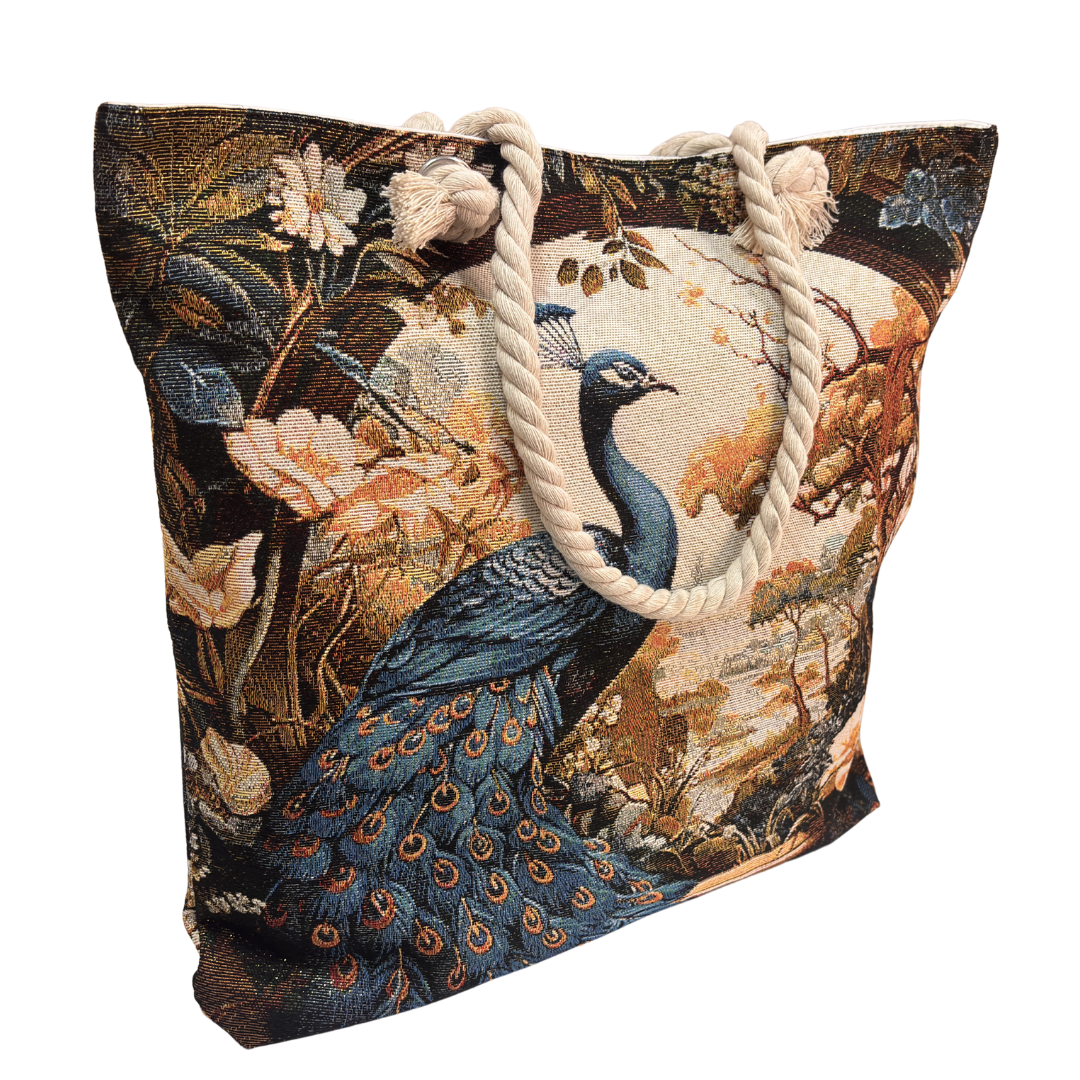 Peacock & Floral Print Canvas Beach Tote — Handcrafted Waterproof Tote with Zip Closure | The House of RajPadmini