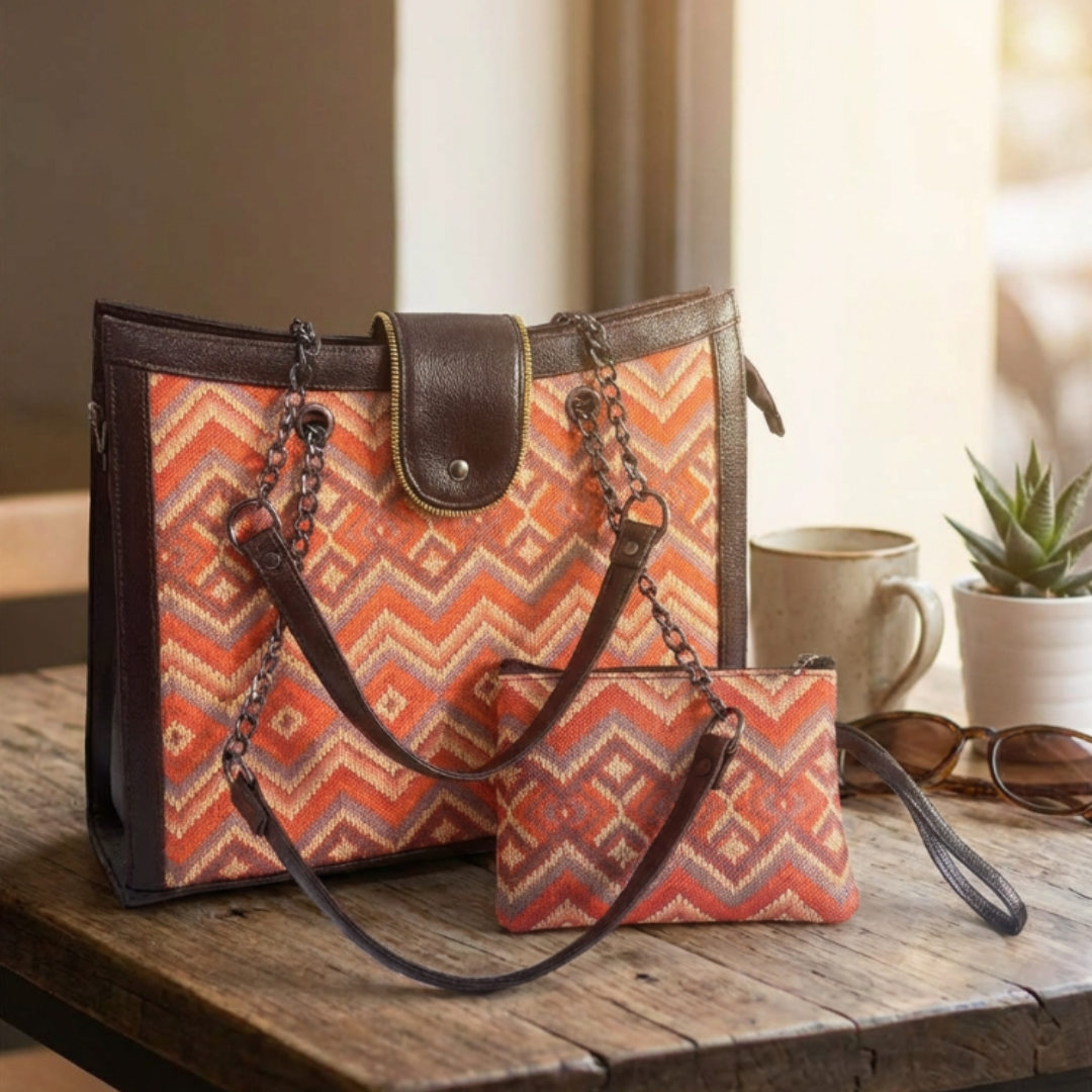 Chain Handle Tote Bag for Women | Rajasthani Block Print with Gold Chain Handles & Matching Pouch