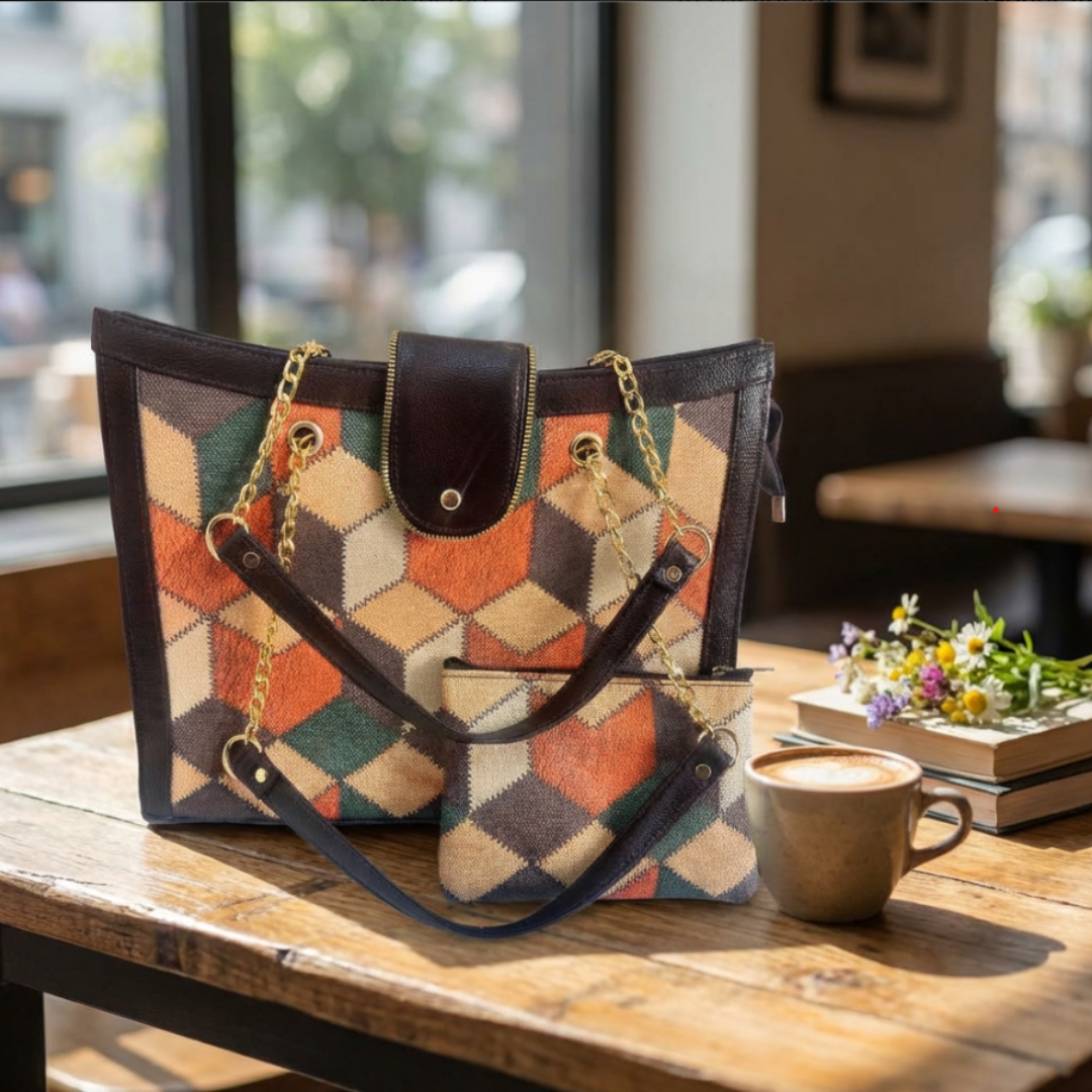 Chain Handle Tote Bag for Women | Rajasthani Block Print with Gold Chain Handles & Matching Pouch