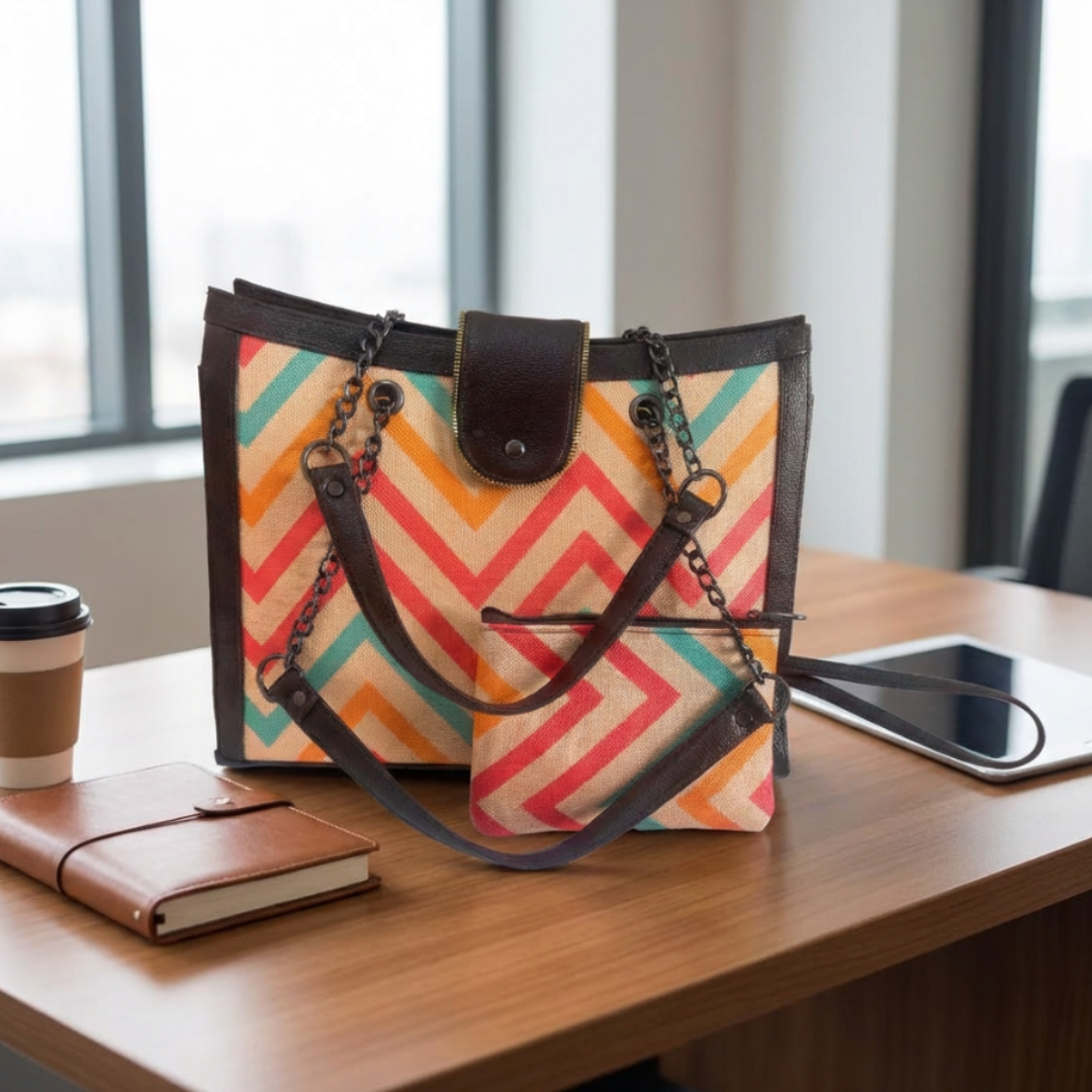 Chain Handle Tote Bag for Women | Rajasthani Block Print with Gold Chain Handles & Matching Pouch
