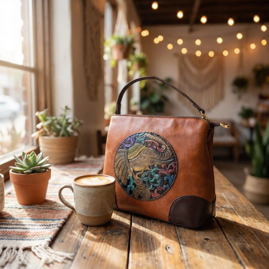 The House of RajPadmini Amber Fort Gajraj Edition | Embossed Elephant Medallion Handbag with Convertible Strap