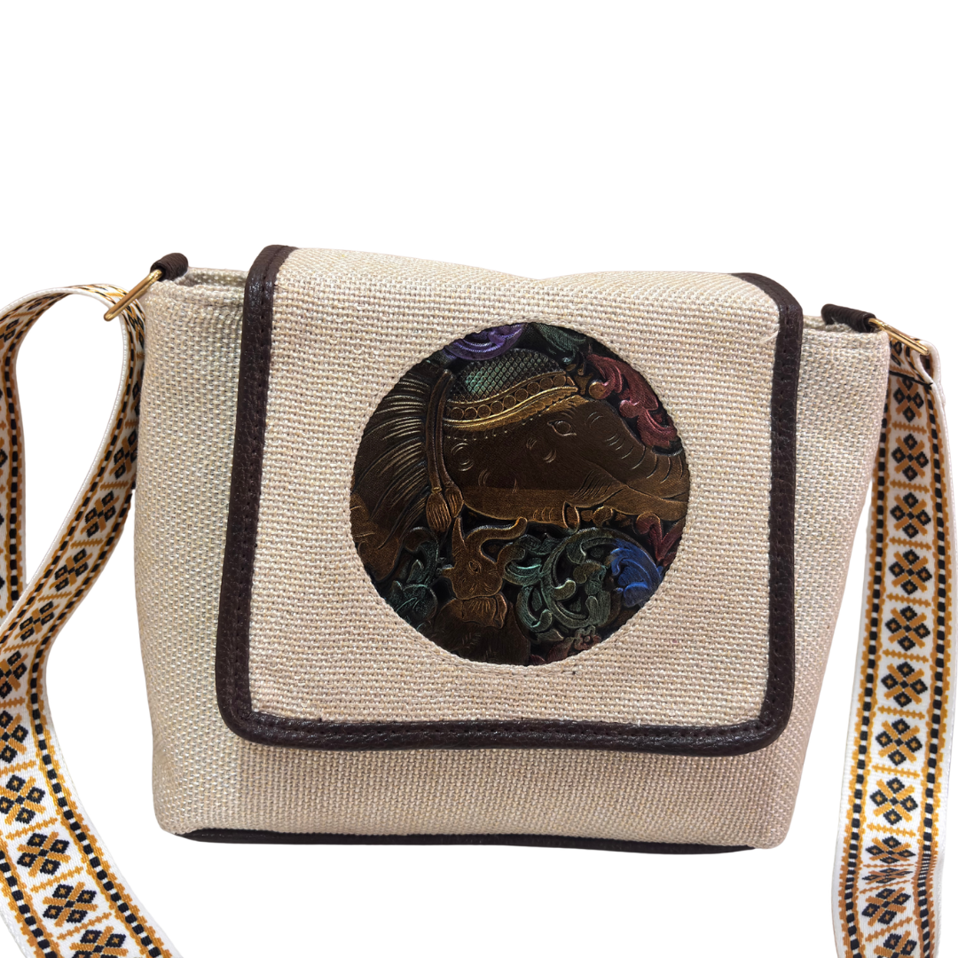 Medallion Embossed Jute Sling Bag