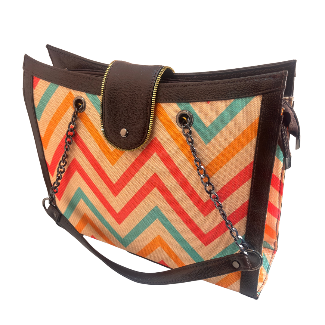 Chain Handle Tote Bag for Women | Rajasthani Block Print with Gold Chain Handles & Matching Pouch