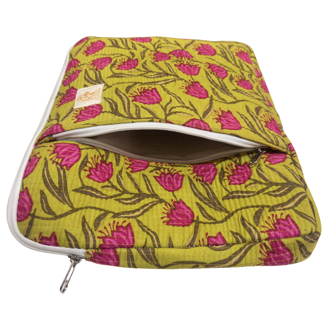 Quilted Cotton Laptop Sleeve with External Pocket — Handcrafted 14-inch Sleeve | The House of RajPadmini