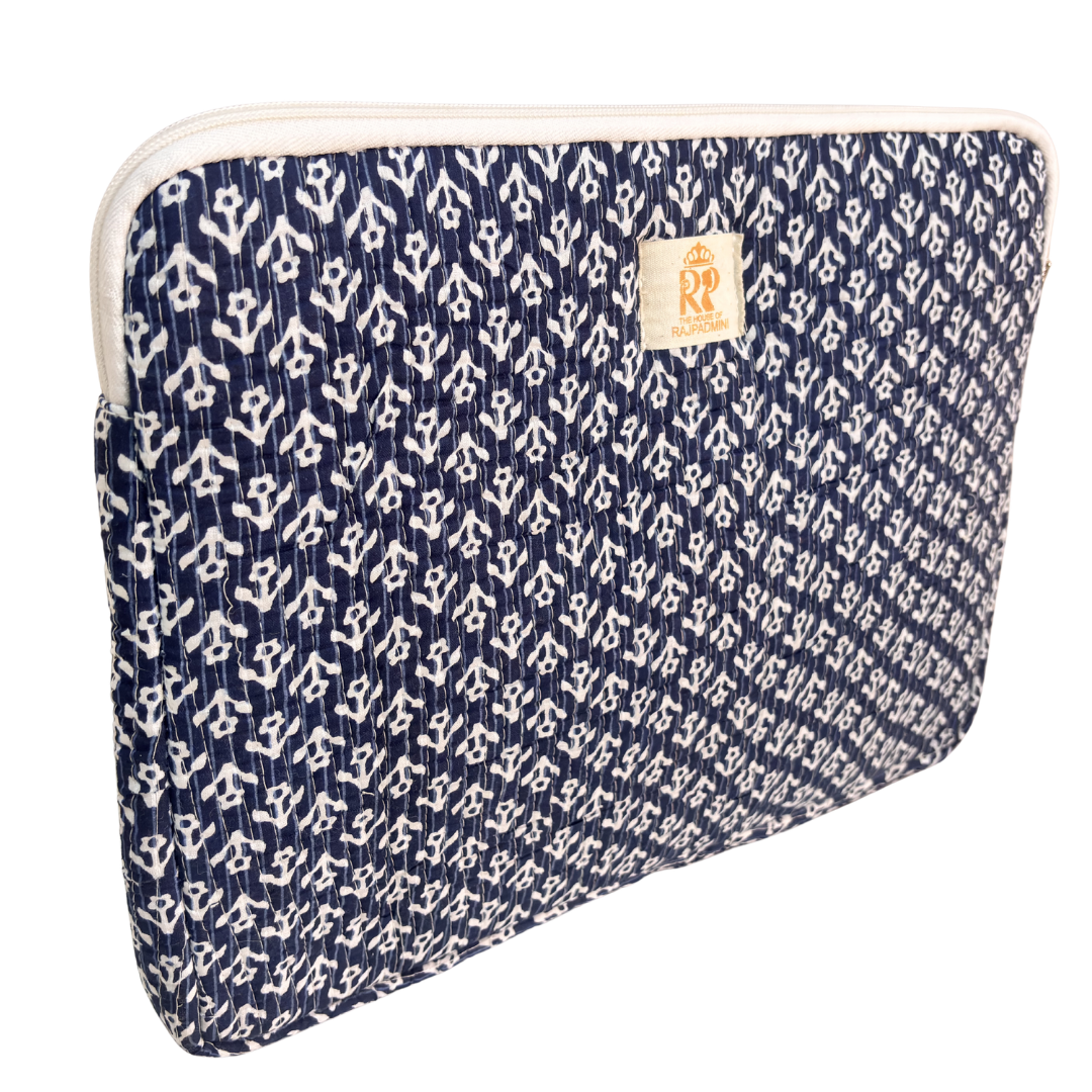 Indigo Blue laptop sleeve interior soft cotton lining protecting a 14-inch laptop
