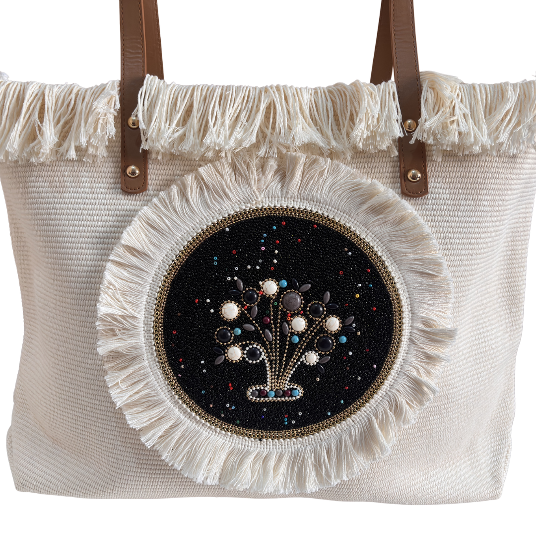 The Canvas Handwork Tote Bag with Beaded Embellishment