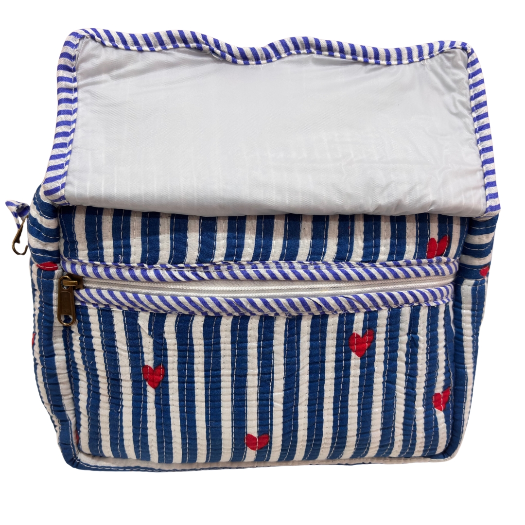 Multi-Pocket Travel Cosmetic Case with Flap & Front Zip — Handcrafted Quilted Block Print | RajPadmini