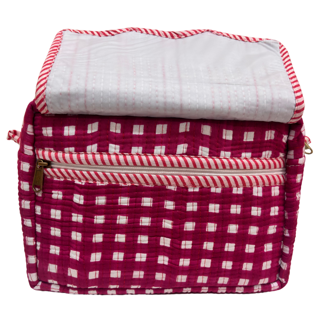 Handmade block-print cosmetic case from Jaipur — top view showing zipper opening