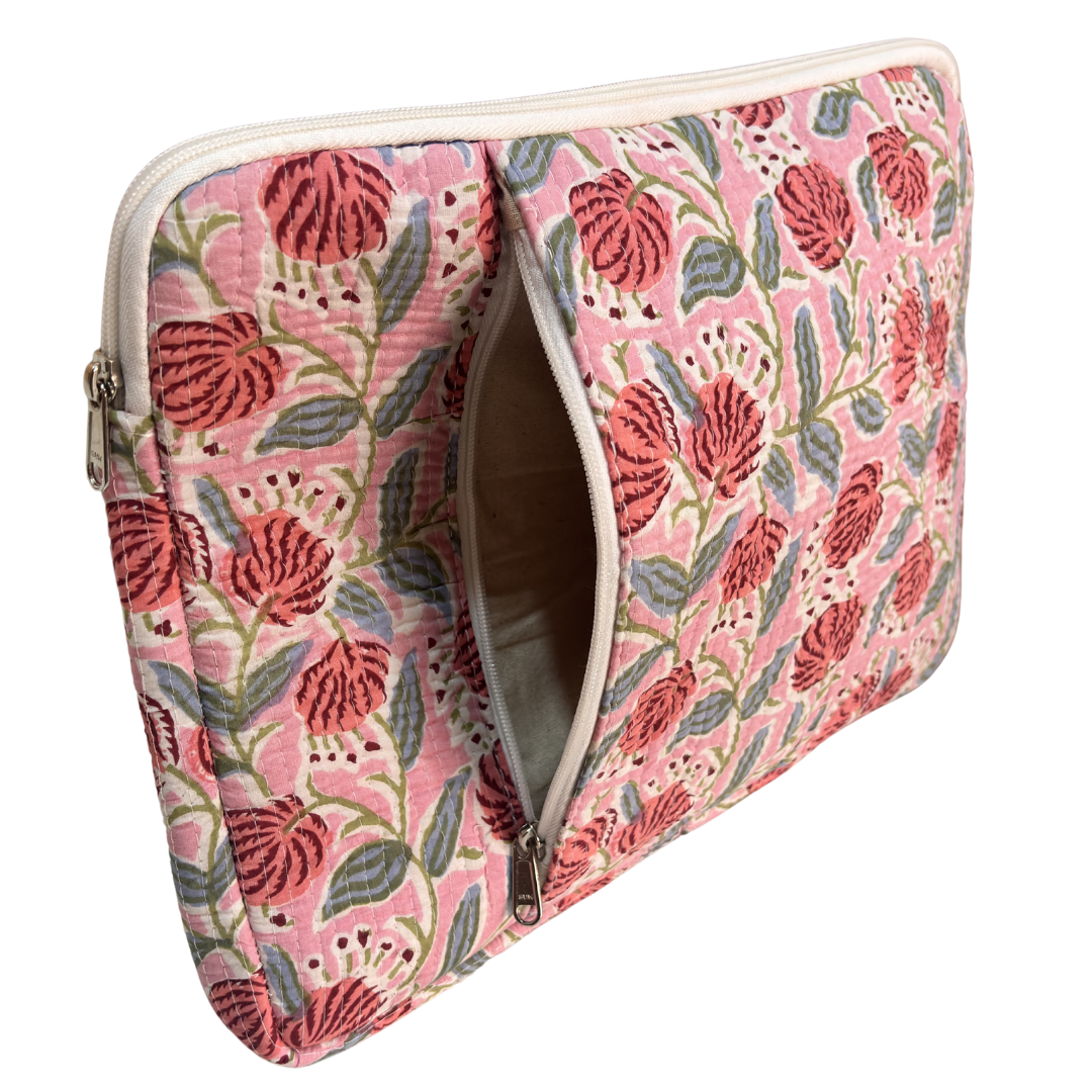 Floral Pink laptop sleeve interior soft cotton lining protecting a 14-inch laptop