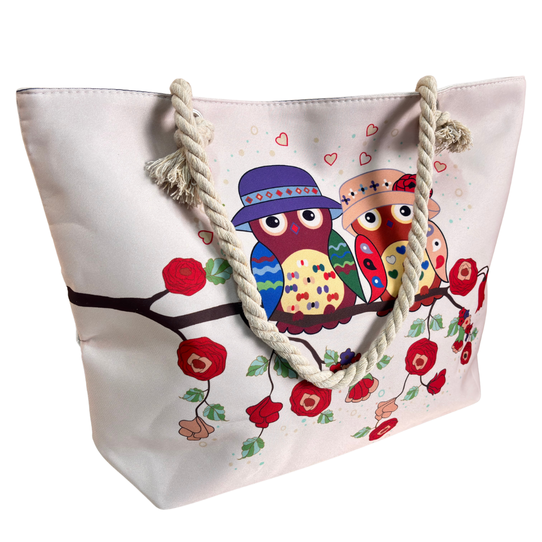 The Beach Party Edition:- Owl Print White Beach Tote Bag with complimentary Pouch