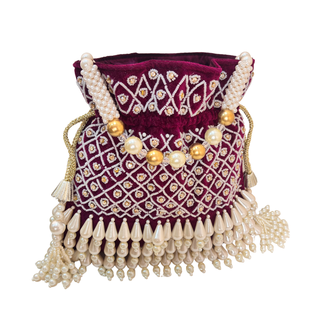 The House of RajPadmini Velvet Pearl Embroidered Potli Bag