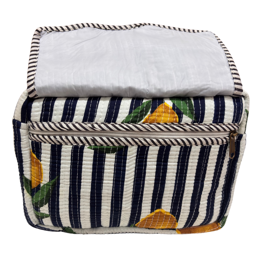 Multi-Pocket Travel Cosmetic Case with Flap & Front Zip — Handcrafted Quilted Block Print | RajPadmini