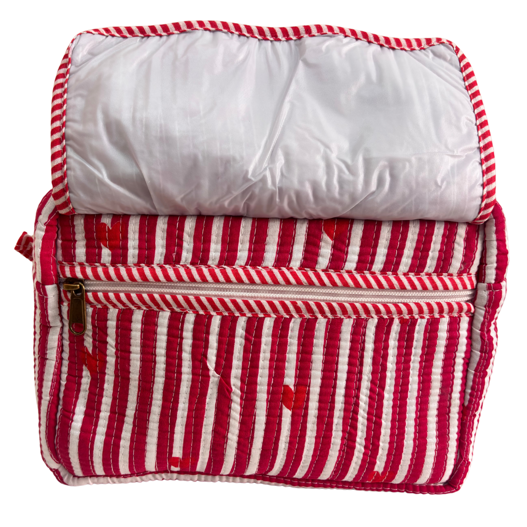 Multi-Pocket Travel Cosmetic Case with Flap & Front Zip — Handcrafted Quilted Block Print | RajPadmini