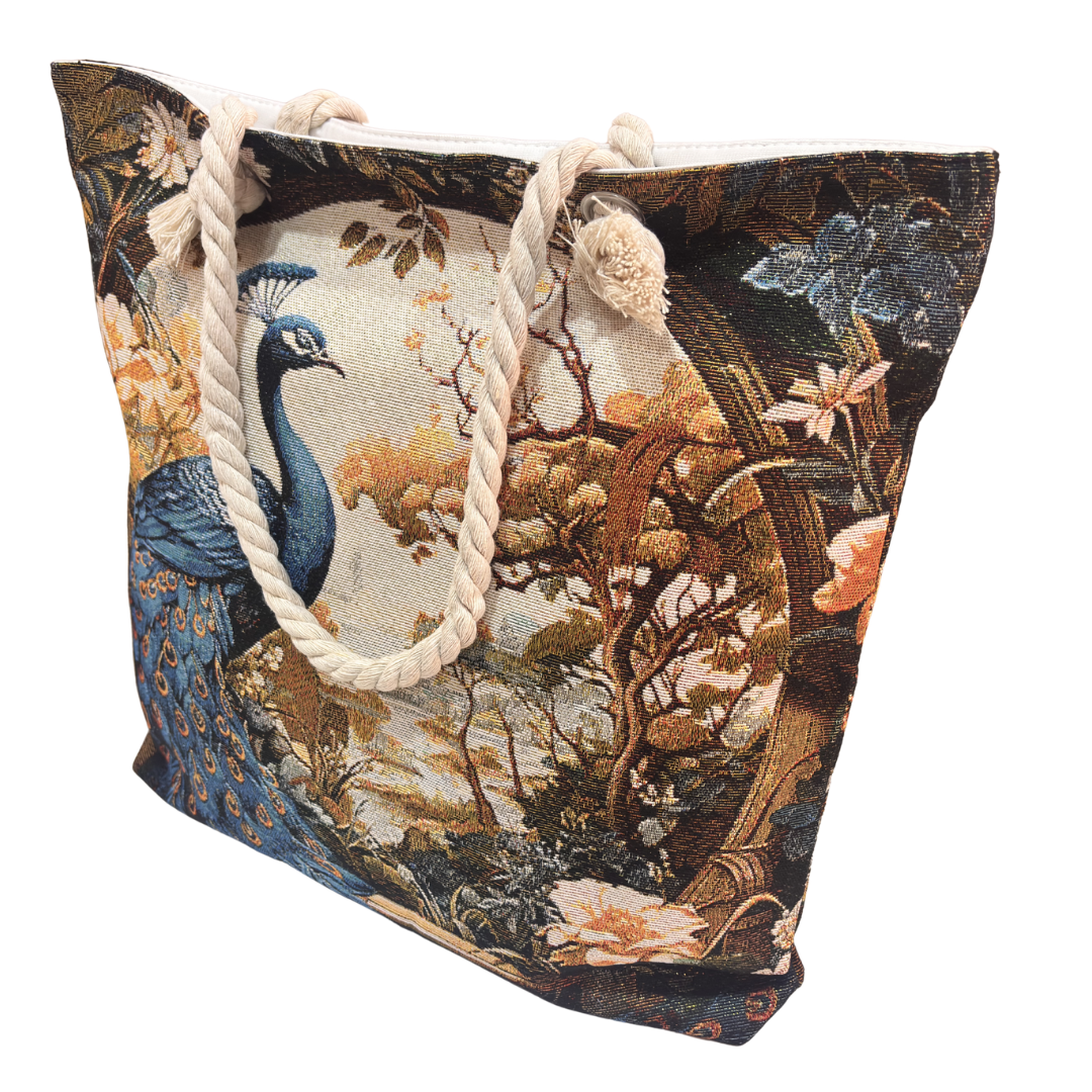 Peacock & Floral Print Canvas Beach Tote — Handcrafted Waterproof Tote with Zip Closure | The House of RajPadmini