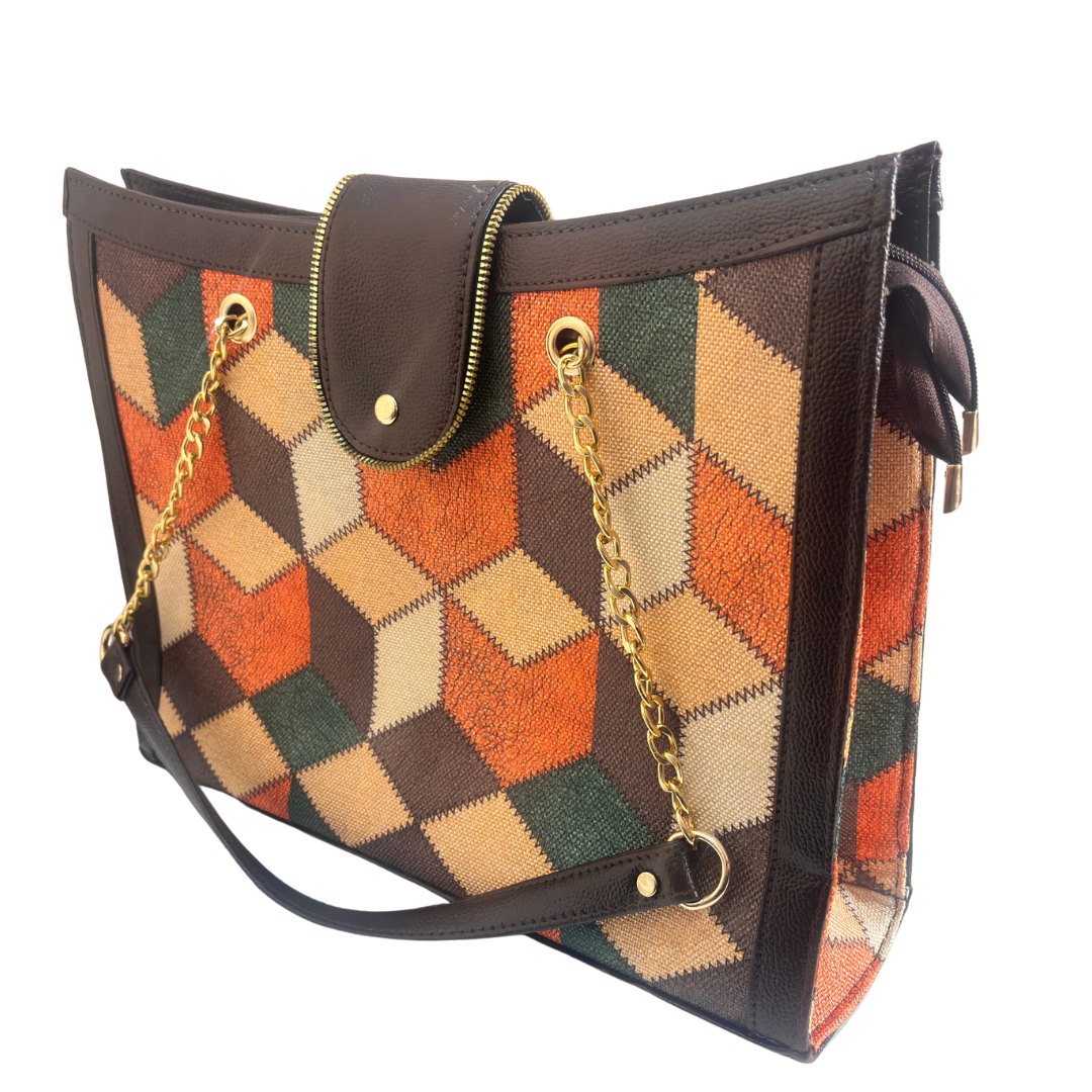 Chain Handle Tote Bag for Women | Rajasthani Block Print with Gold Chain Handles & Matching Pouch