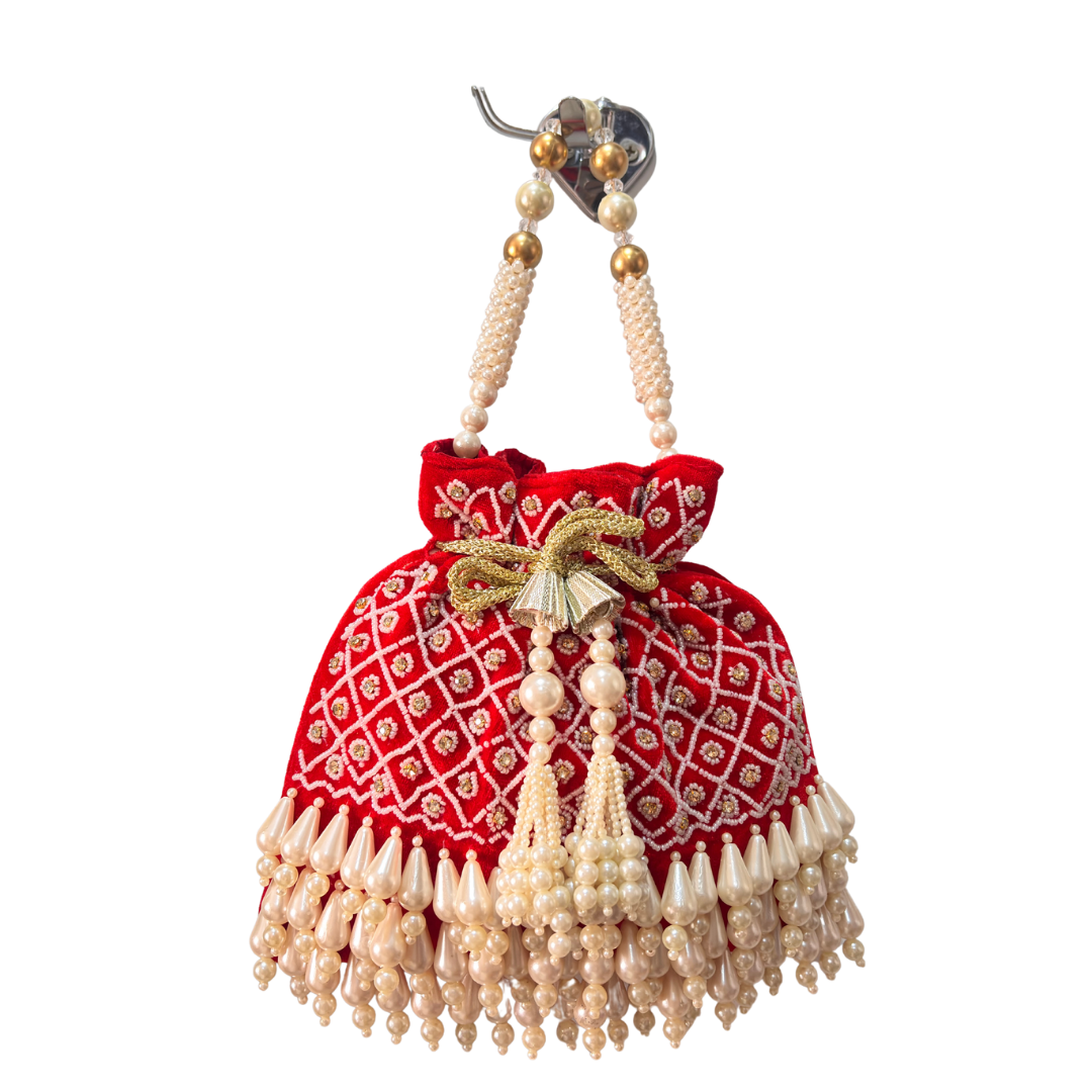 The House of RajPadmini Velvet Pearl Embroidered Potli Bag