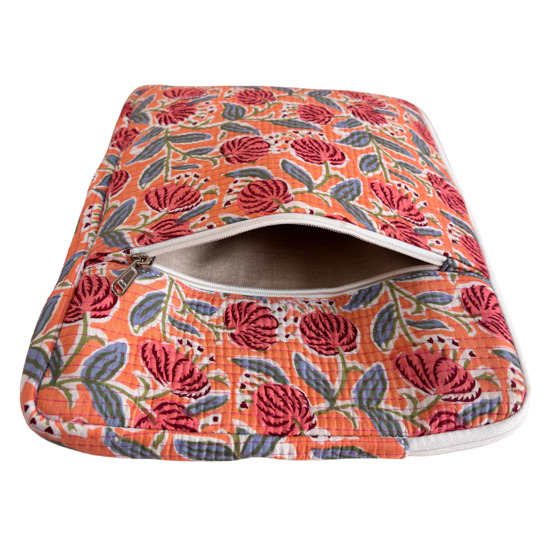 Quilted Cotton Laptop Sleeve with External Pocket — Handcrafted 14-inch Sleeve | The House of RajPadmini