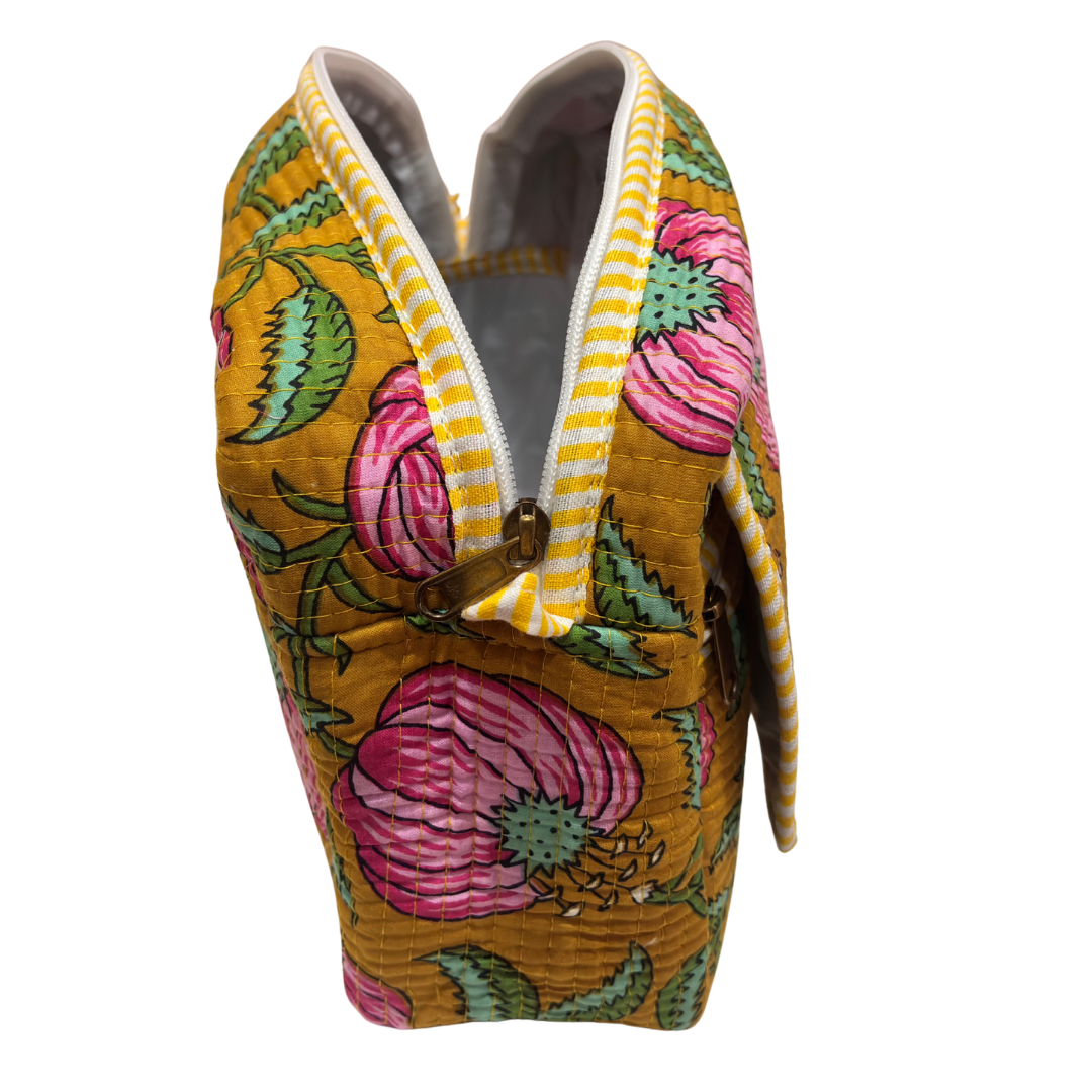 Multi-Pocket Travel Cosmetic Case with Flap & Front Zip — Handcrafted Quilted Block Print | RajPadmini