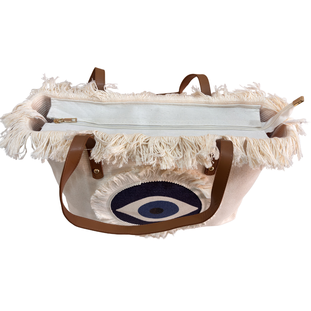 Evil Eye Canvas Tote Bag — Handcrafted Cotton Canvas with Nazar Motif & Zip Closure | The House of RajPadmini