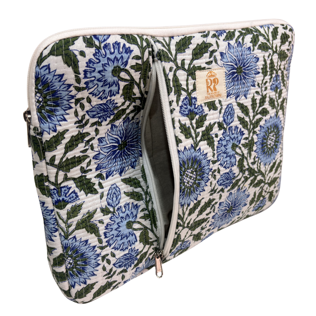 Quilted Cotton Laptop Sleeve with External Pocket — Handcrafted 14-inch Sleeve | The House of RajPadmini