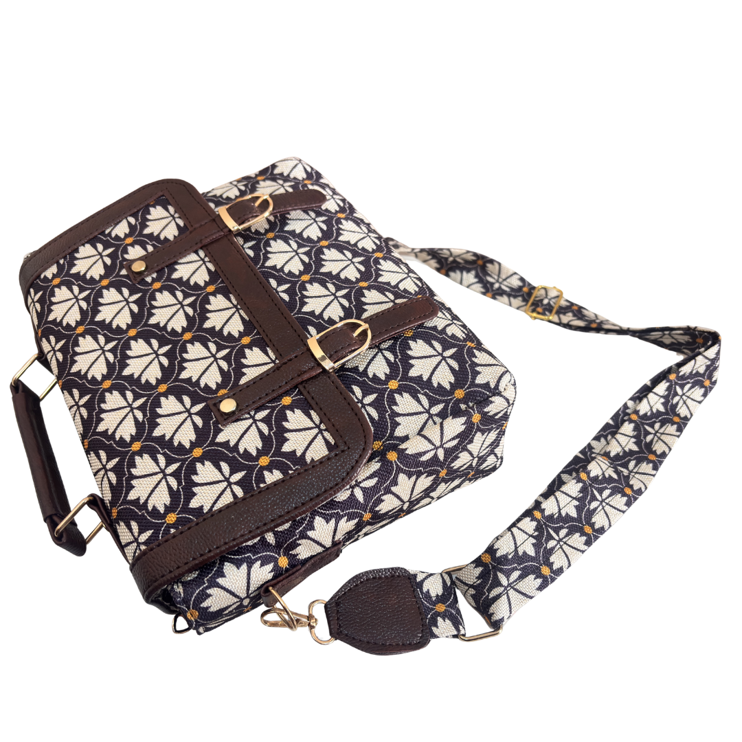 RajPadmini Grey Floral Briefcase Sling Bag – top handle and adjustable crossbody belt styling
