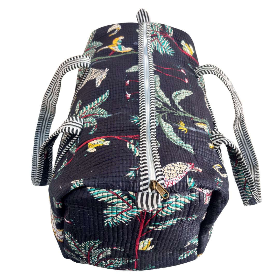 Top handles and zipper detail on Pushkar Balloon quilted duffle (Black variant)