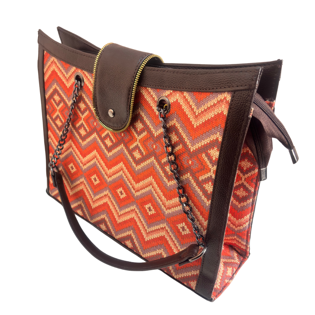 Chain Handle Tote Bag for Women | Rajasthani Block Print with Gold Chain Handles & Matching Pouch