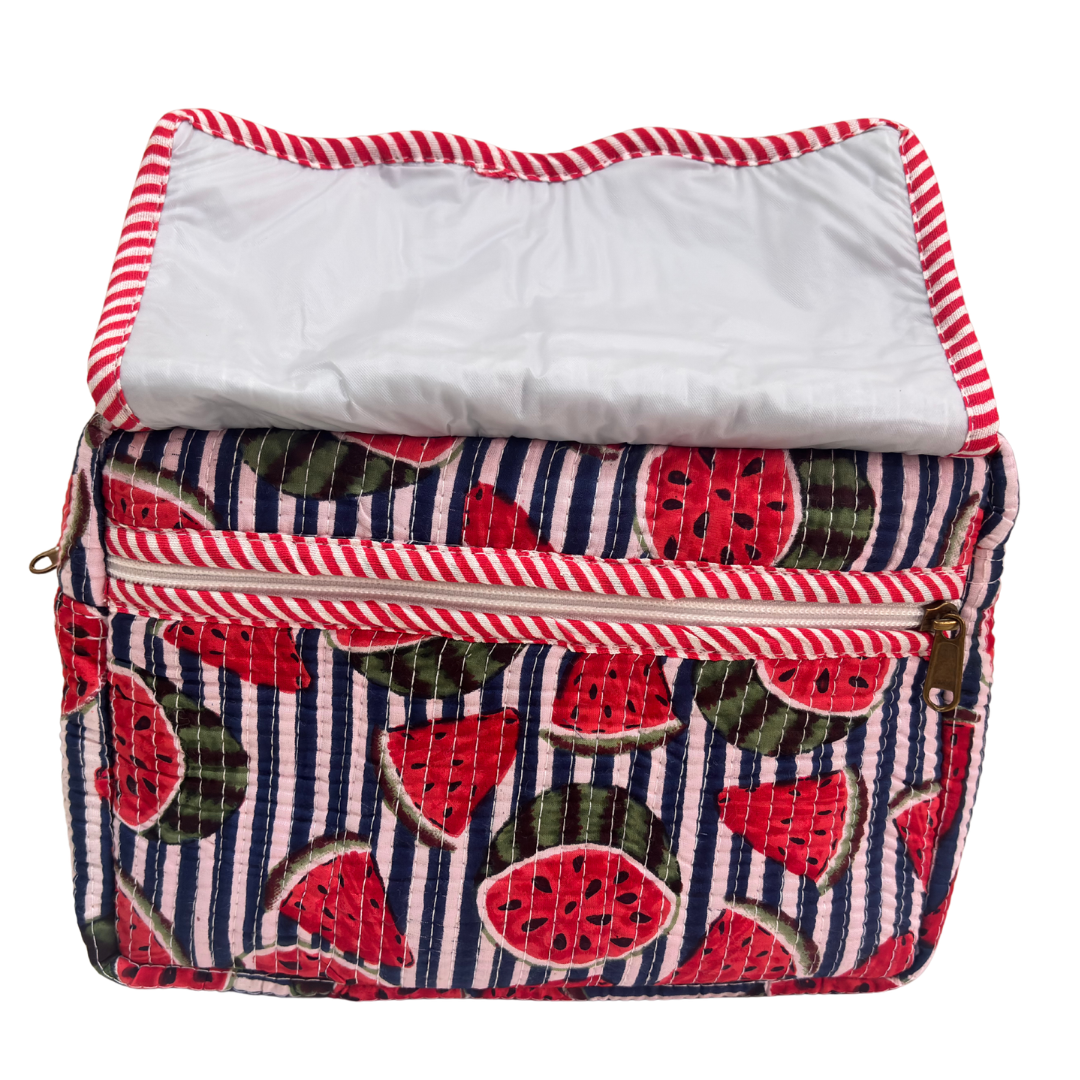 Multi-Pocket Travel Cosmetic Case with Flap & Front Zip — Handcrafted Quilted Block Print | RajPadmini