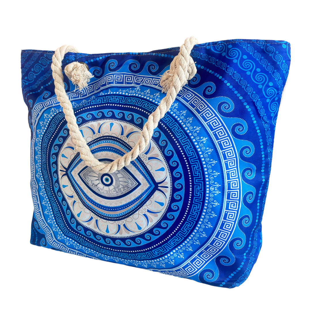 The Beach Party Edition:- Blue Evil Eye Print Beach Tote Bag with complimentary Pouch - The House of RajPadmini