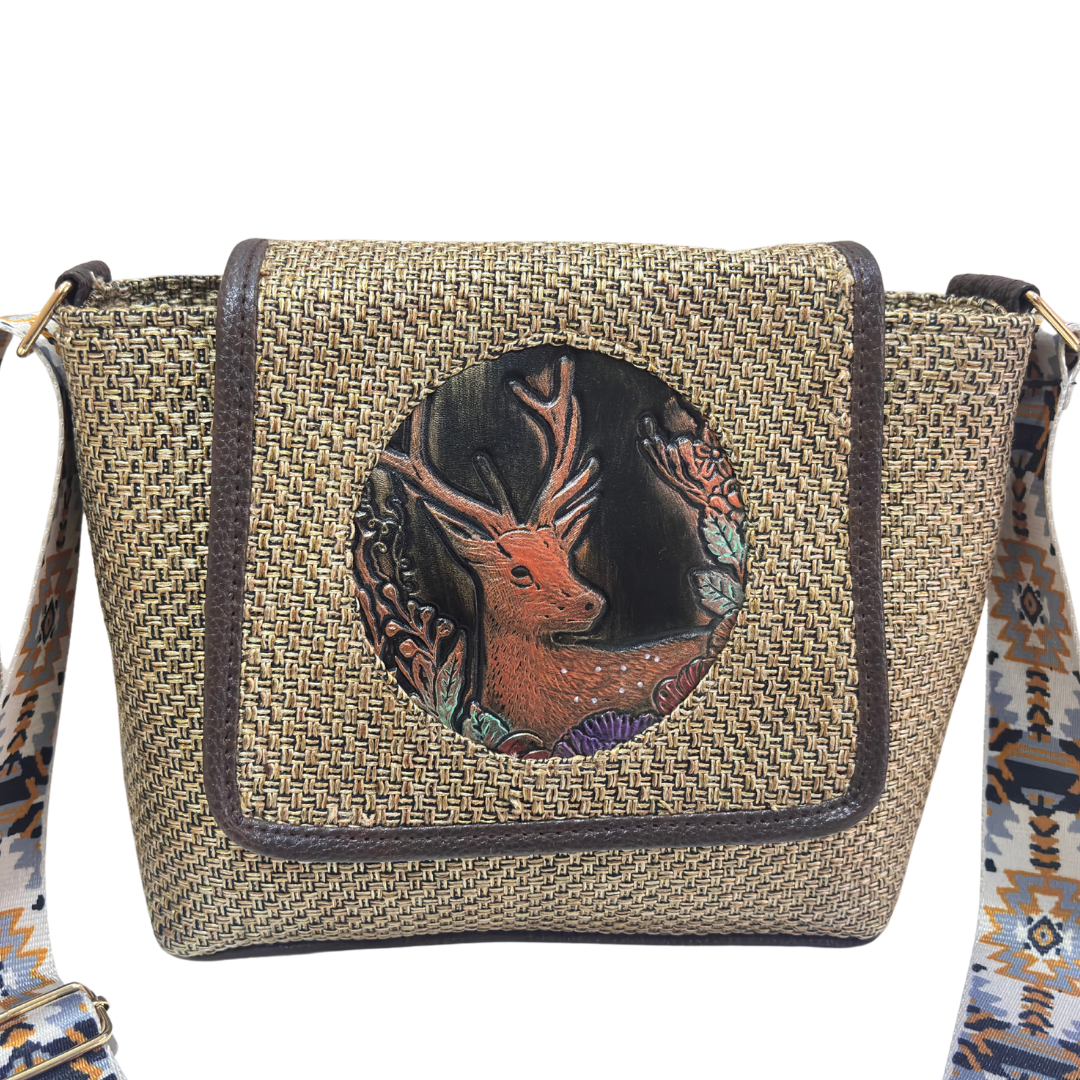Medallion Embossed Jute Sling Bag