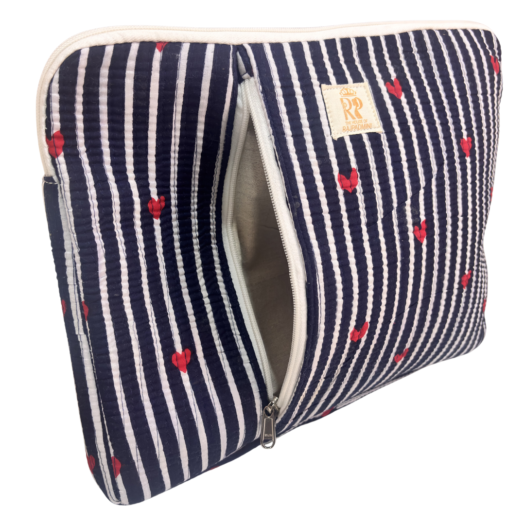 Quilted Cotton Laptop Sleeve with External Pocket — Handcrafted 14-inch Sleeve | The House of RajPadmini