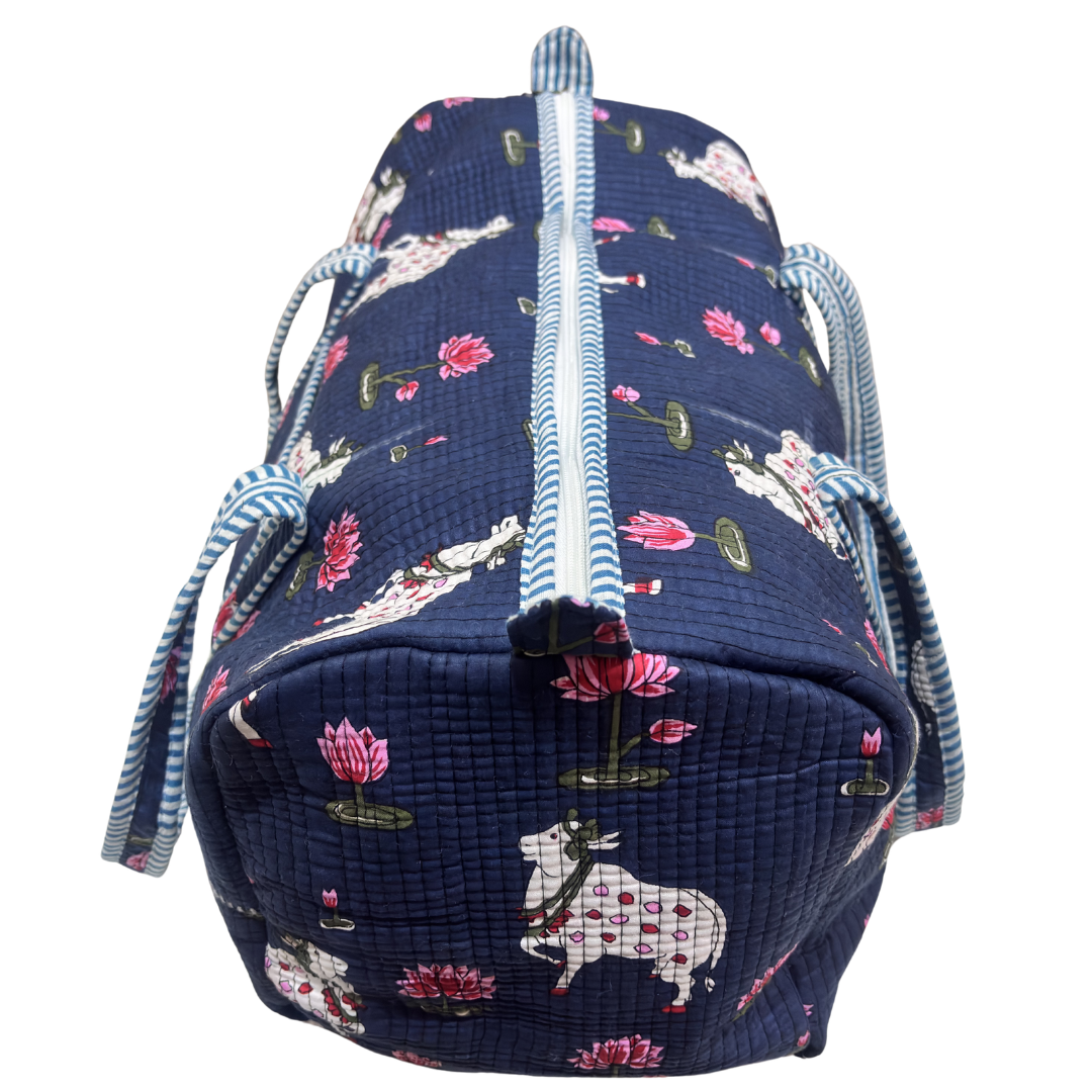 Top handles and zipper detail on Pushkar Balloon quilted duffle (Blue variant)