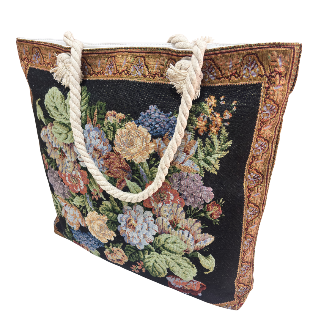 Peacock & Floral Print Canvas Beach Tote — Handcrafted Waterproof Tote with Zip Closure | The House of RajPadmini