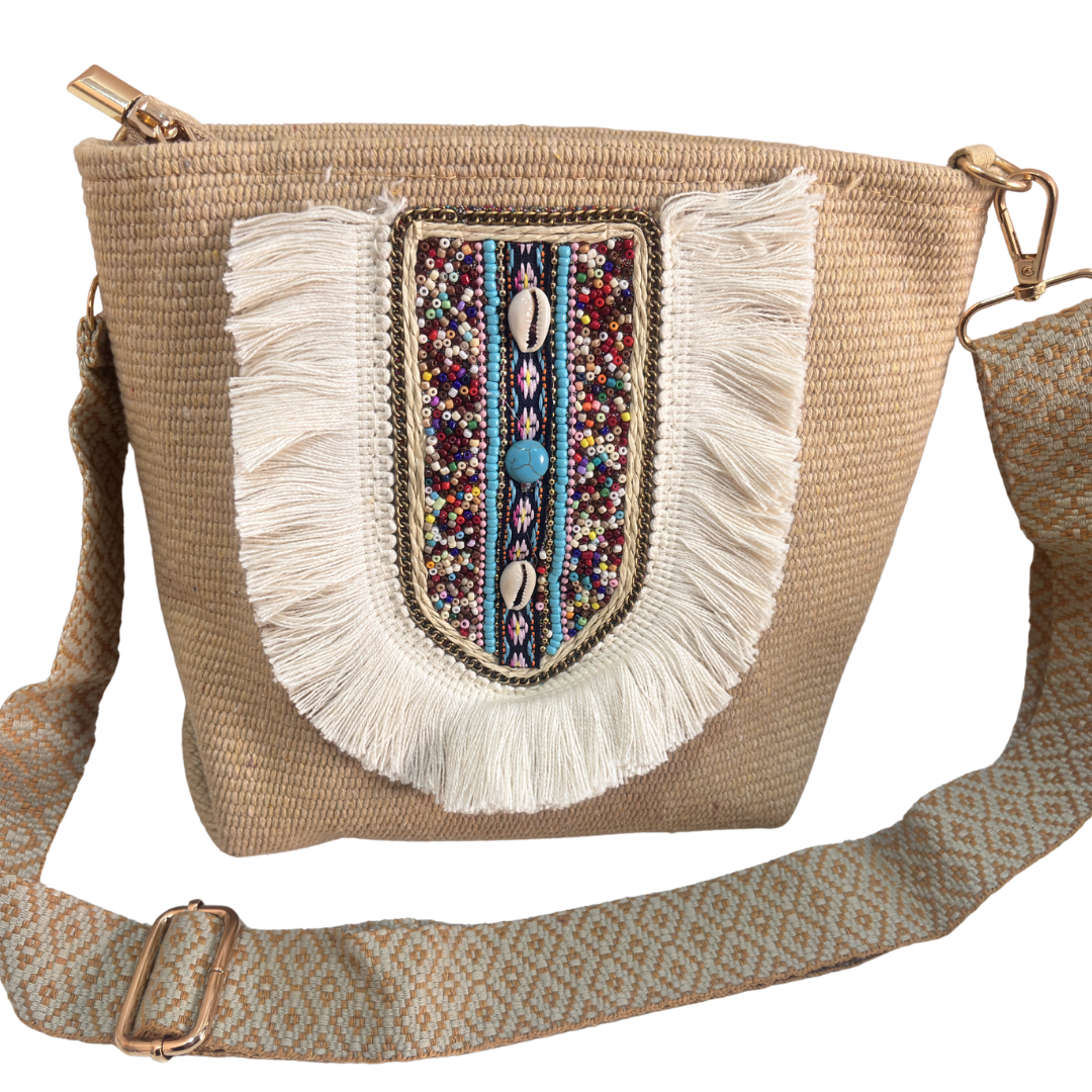 Handwork Bohemian Sling Bag | Canvas Fabric | Beaded Embellishment with Fringe | 21.5x27.9 cm