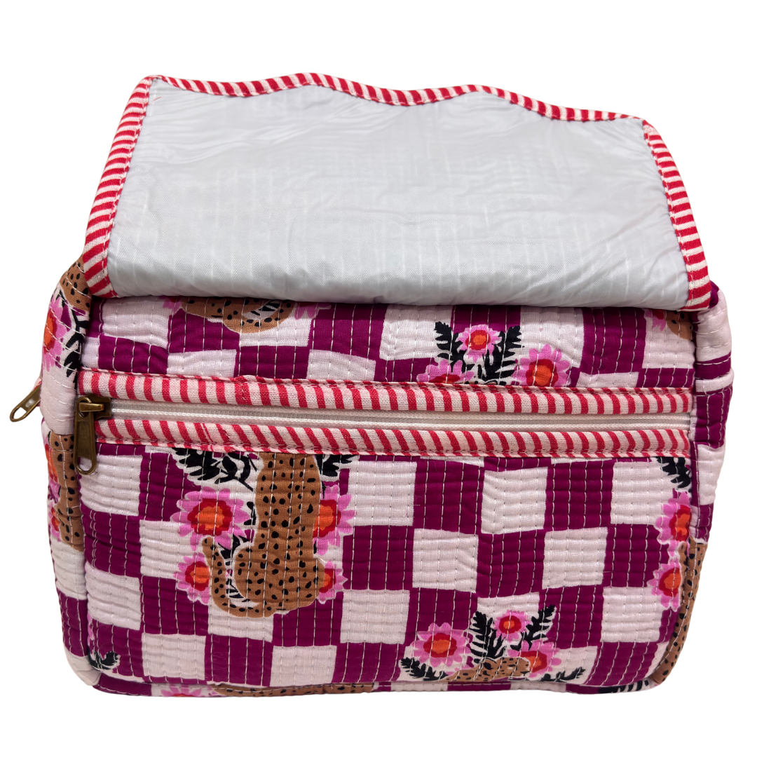 Multi-Pocket Travel Cosmetic Case with Flap & Front Zip — Handcrafted Quilted Block Print | RajPadmini