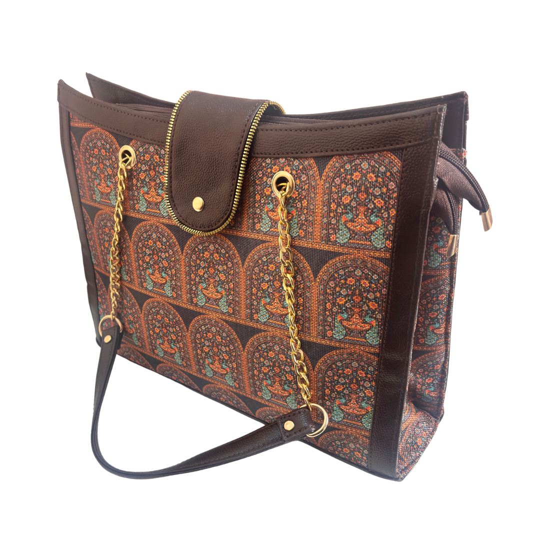 Chain Handle Tote Bag for Women | Rajasthani Block Print with Gold Chain Handles & Matching Pouch
