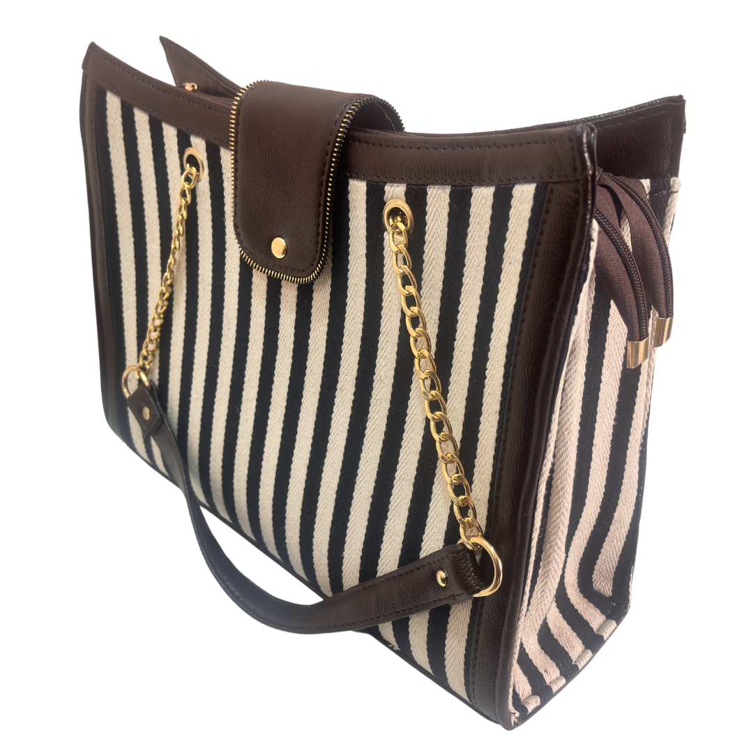 Chain Handle Tote Bag for Women | Rajasthani Block Print with Gold Chain Handles & Matching Pouch