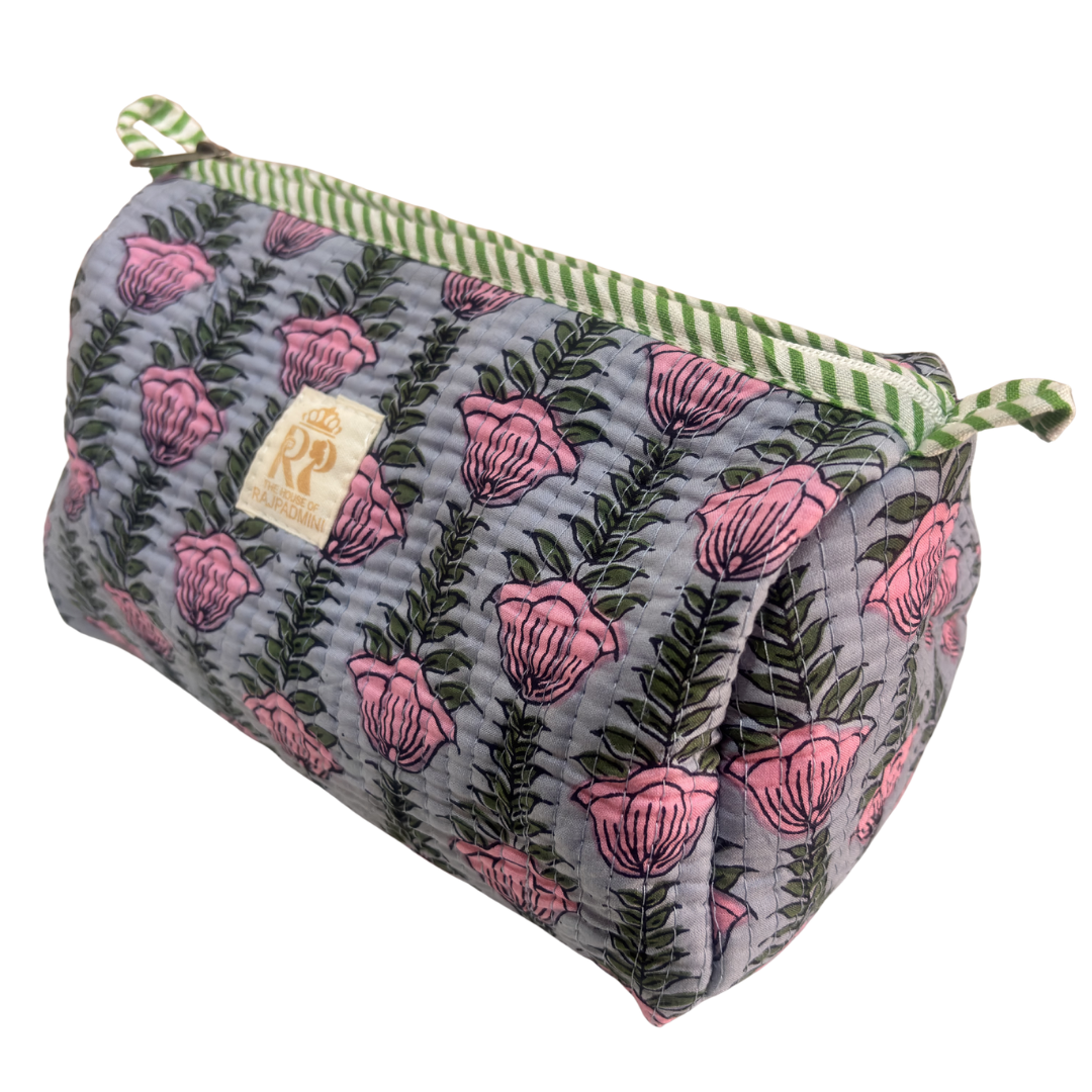Quilted Cotton Travel Pouch Set of 3 – Waterproof Toiletry Organizer | Handcrafted in India