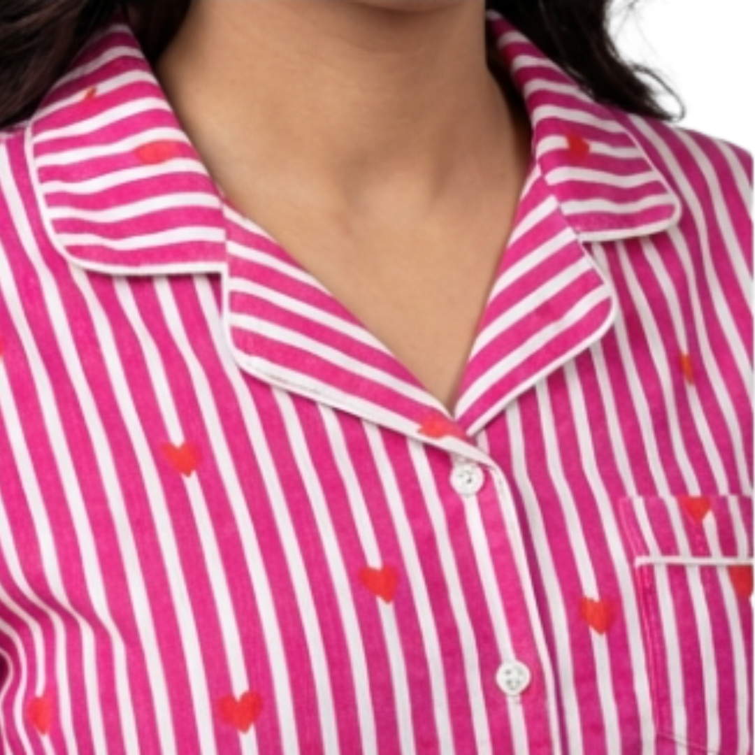 Gulmer by RajPadmini — Dil-e-Gulabi Mulmul Cotton Cord Set with matching Cover| Pink Striped Heart Print Nightsuit for Women | Breathable Loungewear with Collar Shirt & Pants
