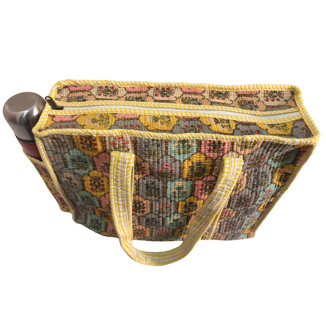 Artisan Quilted Bloom Quilted Cotton Tote - Handcrafted Shopping Companion