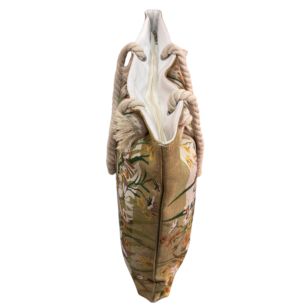 Peacock & Floral Print Canvas Beach Tote — Handcrafted Waterproof Tote with Zip Closure | The House of RajPadmini