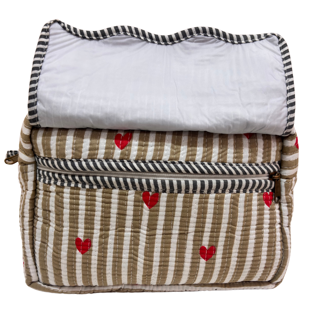Multi-Pocket Travel Cosmetic Case with Flap & Front Zip — Handcrafted Quilted Block Print | RajPadmini