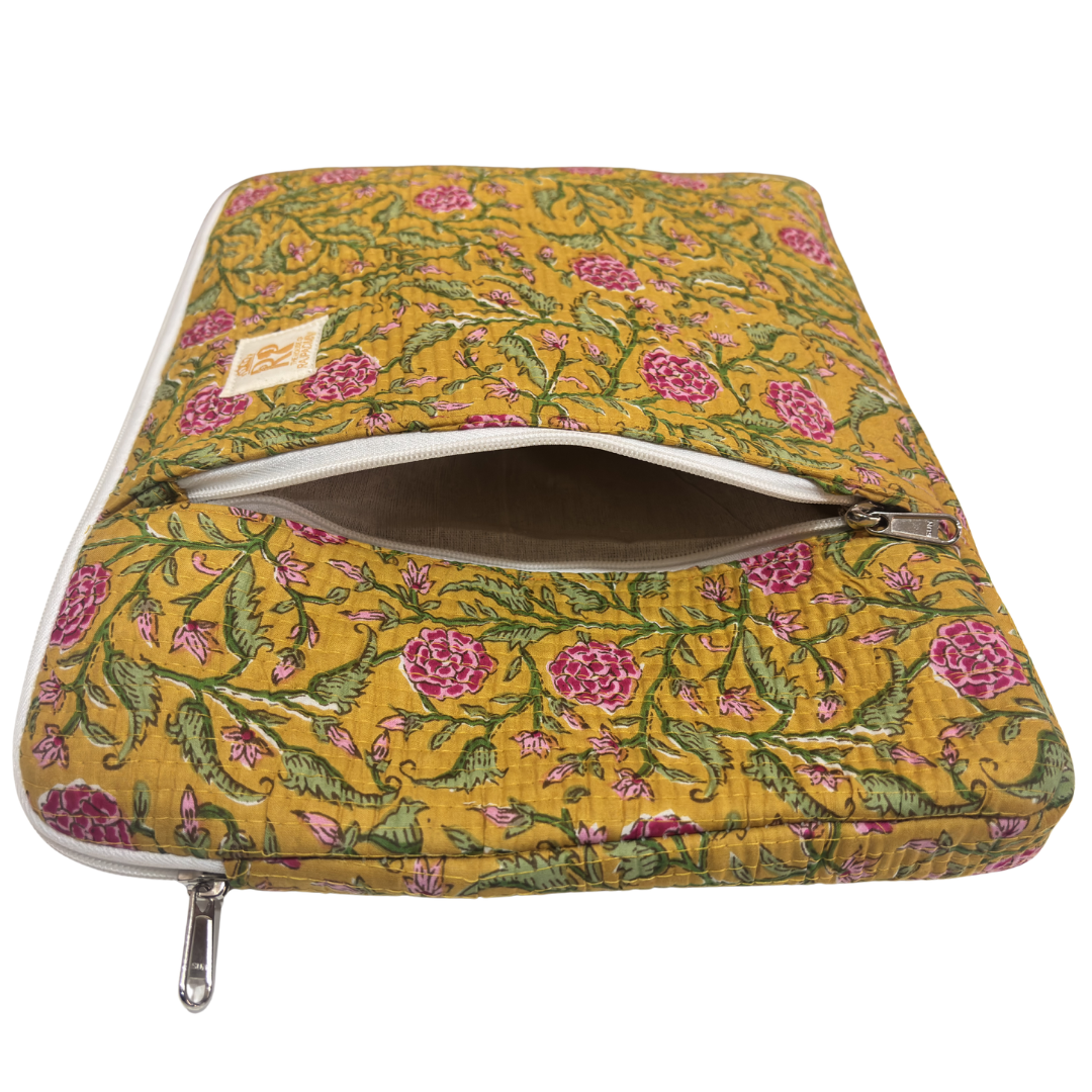 Quilted Cotton Laptop Sleeve with External Pocket — Handcrafted 14-inch Sleeve | The House of RajPadmini