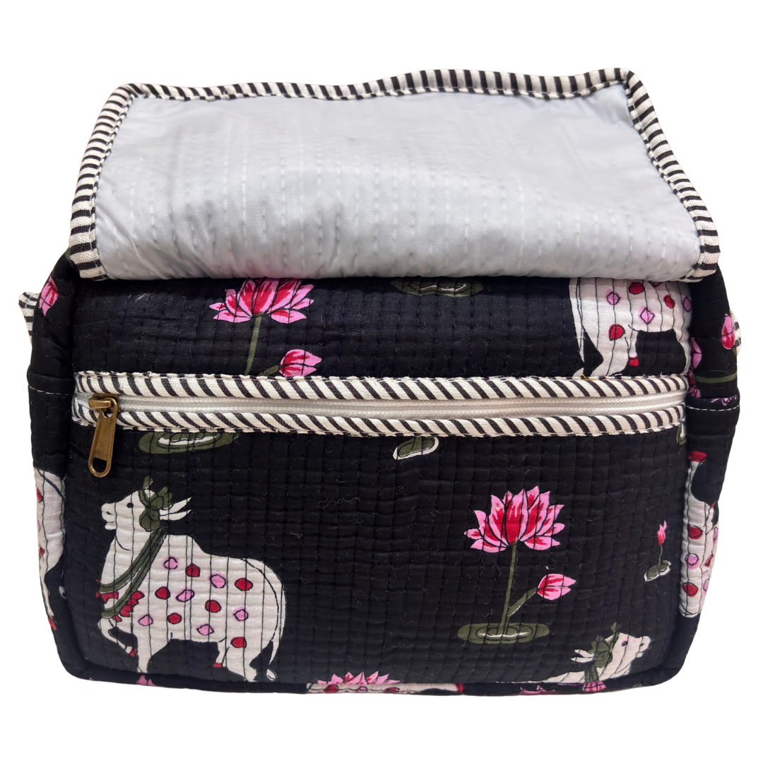 Handmade block-print cosmetic case from Jaipur — top view showing zipper opening