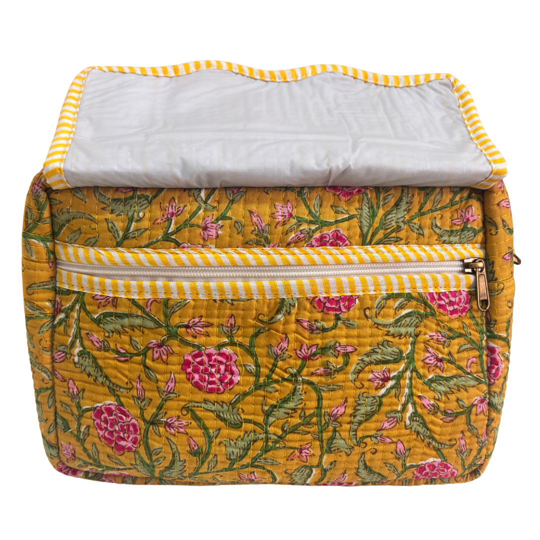Multi-Pocket Travel Cosmetic Case with Flap & Front Zip — Handcrafted Quilted Block Print | RajPadmini
