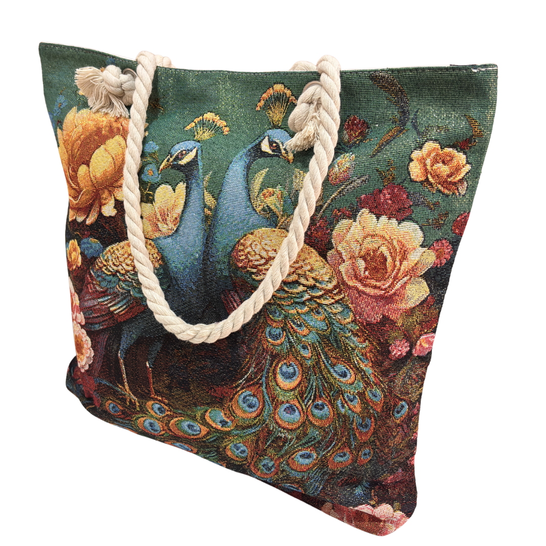 Peacock & Floral Print Canvas Beach Tote — Handcrafted Waterproof Tote with Zip Closure | The House of RajPadmini