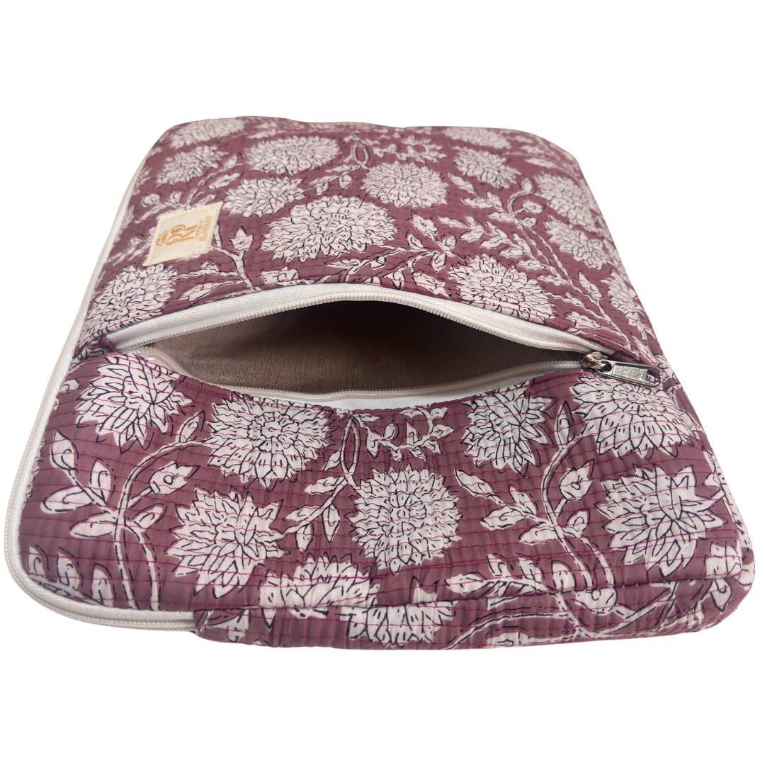 Quilted Cotton Laptop Sleeve with External Pocket — Handcrafted 14-inch Sleeve | The House of RajPadmini