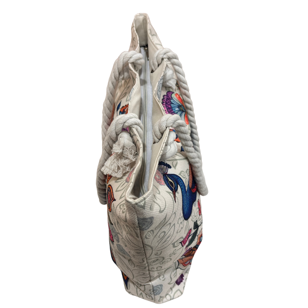 The House of RajPadmini Desert Caravan Edition | Waterproof Jaipuri Print Beach Tote with Peacock & Camel Motifs