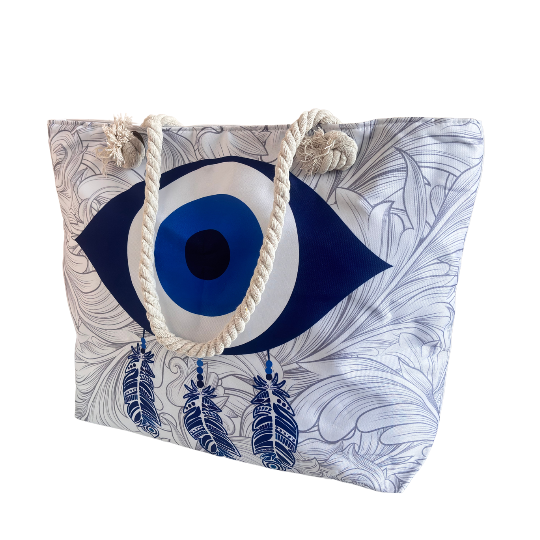 The Beach Party Edition:- Evil Eye Feather Print Beach Tote Bag with complimentary Pouch - The House of RajPadmini