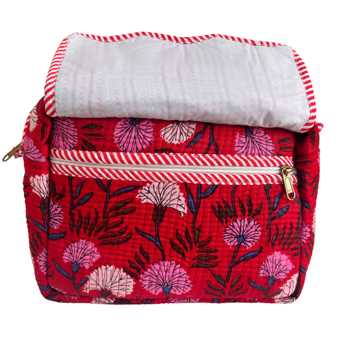 Multi-Pocket Travel Cosmetic Case with Flap & Front Zip — Handcrafted Quilted Block Print | RajPadmini